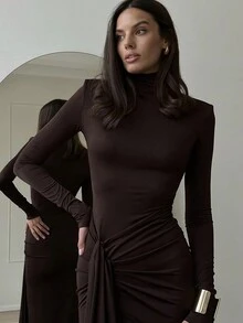 Women's Autumn/Winter Fashion Sexy High Slit Lace-Up Mock Neck Bodycon Midi Dress