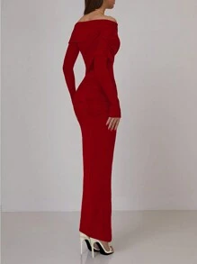 1 Peça Vestido Longo Elegante Feminino com Ombros à Mostra, Manga Longa, Ajustado, Franzido, com Fenda Lateral, de Volta às Aulas para Outono/Inverno, Design Bardot para Festa de Natal e Ano Novo, Vestido de Festa do Dia dos Namorados - Vinho - Visão 4
