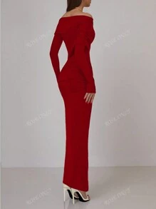 1 pieza Vestido largo elegante de manga larga y hombros descubiertos con pliegues y abertura lateral, para otoño/invierno, diseño Bardot para Navidad, Año Nuevo y Día de San Valentín
