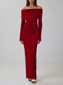 1 pieza Vestido largo elegante de manga larga y hombros descubiertos con pliegues y abertura lateral, para otoño/invierno, diseño Bardot para Navidad, Año Nuevo y Día de San Valentín