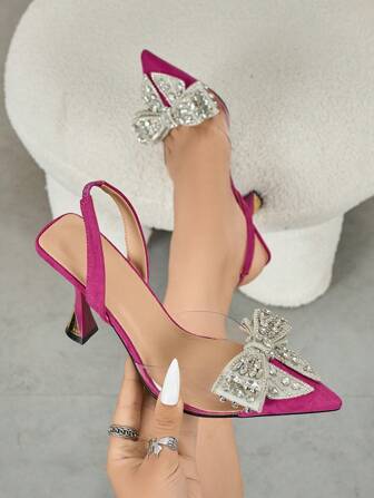 女士水钻蝴蝶装饰尖头穆勒高跟鞋，优雅舒适的后系带高跟鞋，适合正式场合、婚礼、情人节、秋冬季节，粉色，优雅，派对装扮