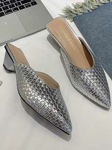 French Elegant Pointed Toe Woven Slip-On Mules For Women, Mid Heel Silver Color Slide Sandals