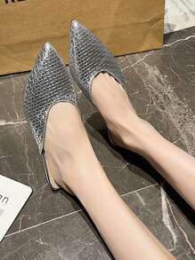French Elegant Pointed Toe Woven Slip-On Mules For Women, Mid Heel Silver Color Slide Sandals