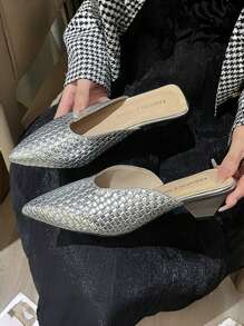 French Elegant Pointed Toe Woven Slip-On Mules For Women, Mid Heel Silver Color Slide Sandals