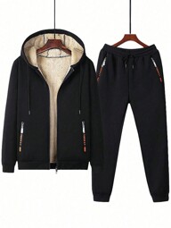 2 st vinterkläder, casual plus fleece, tjock, vindtät och varm outfit för män, höstkläder