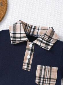 BrownBark 新生男婴夏季可爱休闲短袖连体衣，柔软舒适的男婴服装，格子纹理 Polo 风格短袖连体衣适合室内日常休闲外出 - 藏蓝色 - 查看 3