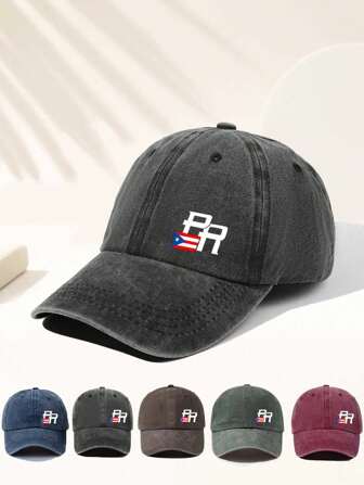 1 件装男女通用字母 PR 旗帜印花复古水洗做旧棒球帽、嘻哈帽、可调节户外遮阳帽，适合旅行、海滩度假、运动、2000 年代风格、老爹帽、最佳礼物