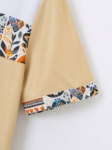 2 件套男士夏威夷服装，夏季时尚印花男士运动休闲拉链领 Polo 衫 + 短裤套装 - 卡其色 - 查看 5