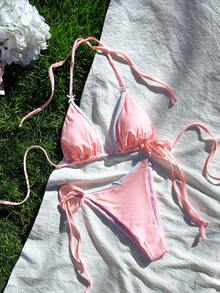 PEPPERMOLLY 全新柔软对比绑带吊带比基尼套装，女士时尚沙滩泳装，粉色泳装，适合夏季度假 - 粉色 - 查看 3
