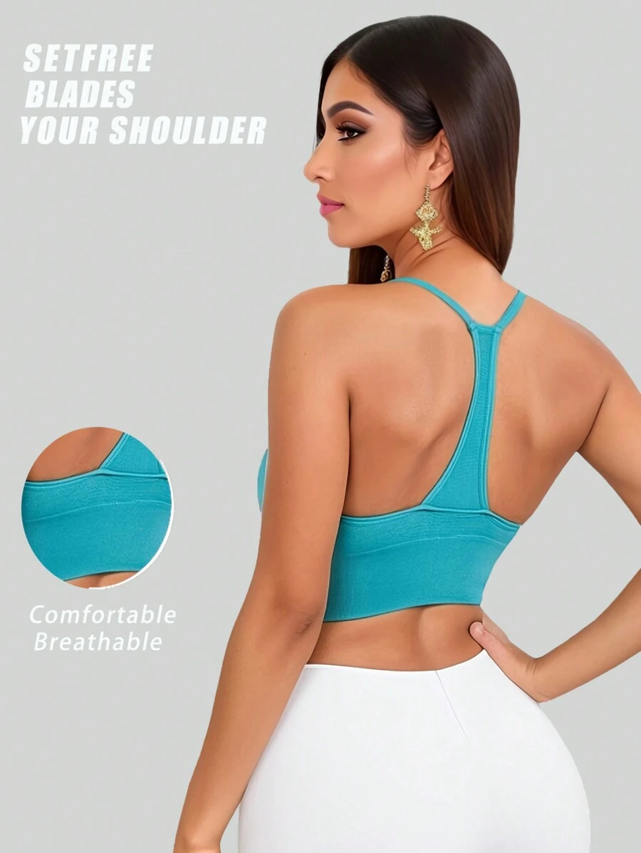 1pc Green Spaghetti Strap Removable Cup Seamless Sports Bra - Green - View 1