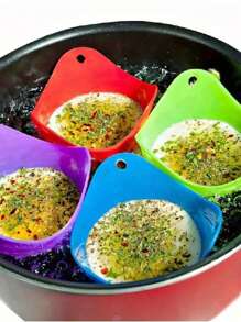 煮蛋器杯、煮蛋器模具杯、硅胶煮蛋器、带环架的煮蛋器杯、适用于微波炉空气炸锅炉灶煮蛋的煮蛋杯、不粘、4 件套、颜色随机