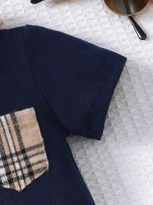 BrownBark 新生男婴夏季可爱休闲短袖连体衣，柔软舒适的男婴服装，格子纹理 Polo 风格短袖连体衣适合室内日常休闲外出 - 藏蓝色 - 查看 5