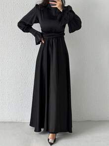 Robe de mariée maxi à lacets en satin, robe de soirée de mariage élégante pour femmes au printemps, fluide et affinante - Noir - Voir 3