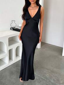 Look Polly 女士夏季连衣裙，纯色真丝吊带长裙，适合婚礼、秋季、返校季穿着，露肩正式礼服，优雅性感V领长裙 - 黑色 - 查看 5