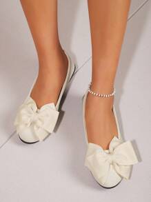 Mocassins femme style vintage casual, couleur unie, bout rond, décor nœud, talon bas, glissant, grande taille et largeur