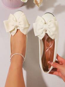 Mocassins femme style vintage casual, couleur unie, bout rond, décor nœud, talon bas, glissant, grande taille et largeur
