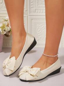 Mocassins femme style vintage casual, couleur unie, bout rond, décor nœud, talon bas, glissant, grande taille et largeur