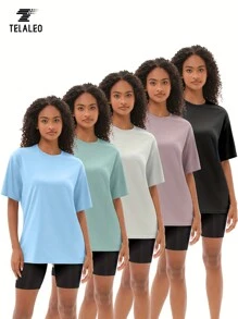 TELALEO 5 paquetes de camisetas oversize para mujer para hacer ejercicio, camisetas de manga corta, de talla grande, holgadas, de secado rápido, para gimnasio y actividades físicas - Multicolor - Ver 1