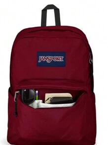 حقيبة ظهر JanSport SuperBreak Plus مع جيب مبطن للكمبيوتر المحمول مقاس 15 بوصة وجيب مدمج للزجاجات - حقيبة ظهر واسعة ومتينة للعمل والسفر - أحمر صدئ