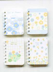 4pcs/Set Floral Embellished Spiral Notebooks, Pocket Sized Mini A7 Diaries, Portable For Office, School,School Supplies,Back To School
