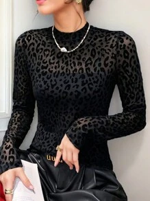 Elegantes und jugendliches Leoparden-Muster Velours- und Mesh-Rundhals Langarm figurbetontes Top, stilvolle eng anliegende Bluse