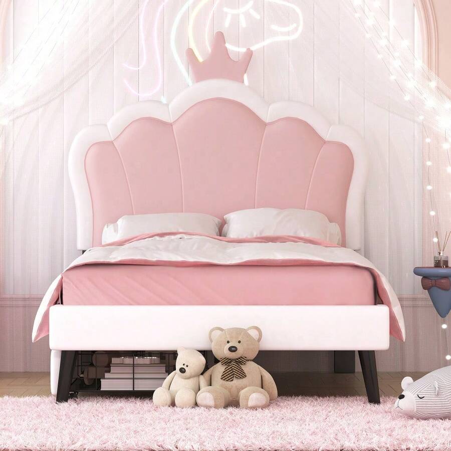 Twin Size Upholstered Princess Bed With Crown Headboard And 2 Drawers,Twin  Size Platform Bed With Headboard And Footboard, Pink+White - 粉色 - 查看 1