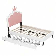 Twin Size Upholstered Princess Bed With Crown Headboard And 2 Drawers,Twin  Size Platform Bed With Headboard And Footboard, Pink+White - 粉色 - 查看 7