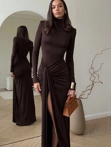 Women's Autumn/Winter Fashion Sexy High Slit Lace-Up Mock Neck Bodycon Midi Dress