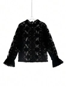 Blouse élégante à patchwork de dentelle florale pour femmes grandes tailles, décontractée pour les vacances - Noir - Voir 3