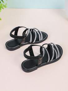 1 pereche Sandale plate cu decor cu strasuri strălucitoare și negre pentru copii/fete, curea elastică din PU, vârf închis, anti-alunecare Casual, stil roman drăguț, potrivite pentru 3-15 ani, zilnic, petrecere, vacanță