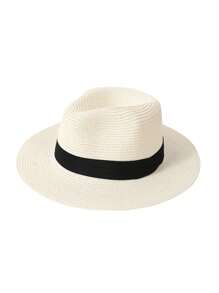 1pc Unisex Two Tone Boho Jazz Panama Sun Visor Beach Straw Hat - Khaki - View 4