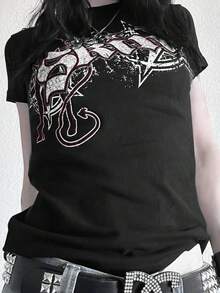 女士 Y2K 街头风圆领短袖纯色独特休闲薄款 T 恤 黑色 - 黑色 - 查看 7