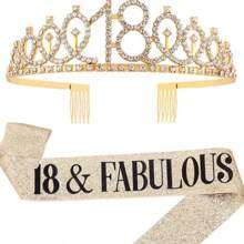 2 件/套黄金岁数 30 岁 40 岁 50 岁 60 岁 70 岁 80 岁 1 件水钻水晶皇冠 +1 件披肩头饰生日周年装饰生日快乐缎带派对用品发带发刷生日女王女士发刷发带，圣诞节