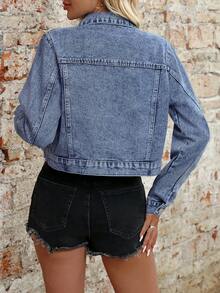 Áo khoác denim cổ bẻ ngắn bằng cotton cổ điển có túi - Màu xanh lam - Xem 6