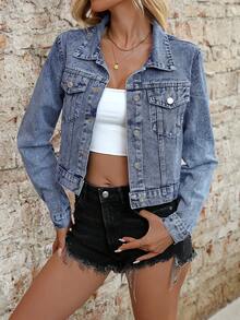 Áo khoác denim cổ bẻ ngắn bằng cotton cổ điển có túi - Màu xanh lam - Xem 4