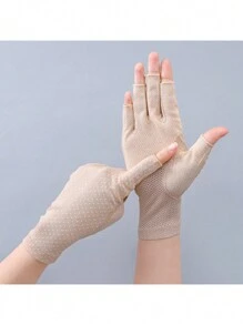 1 双防晒手套，女士夏季无指半指防紫外线薄款短款驾驶手套，适合骑自行车、骑摩托车和滑雪 - 彩色 - 查看 13