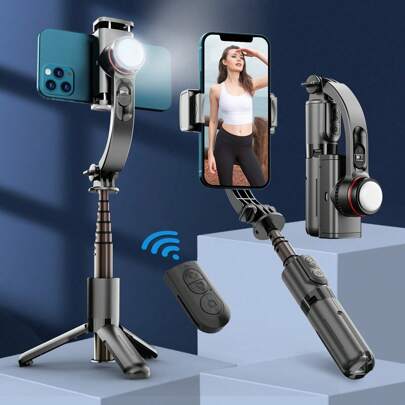 AXNEN 带可伸缩自拍杆三脚架、补光灯和无线遥控器的云台稳定器，兼容智能手机