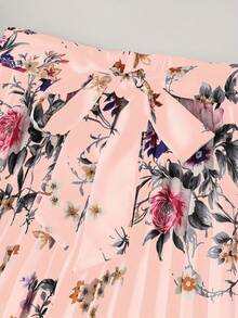 女士缎面印花系带百褶优雅半身裙 - 粉色 - 查看 5