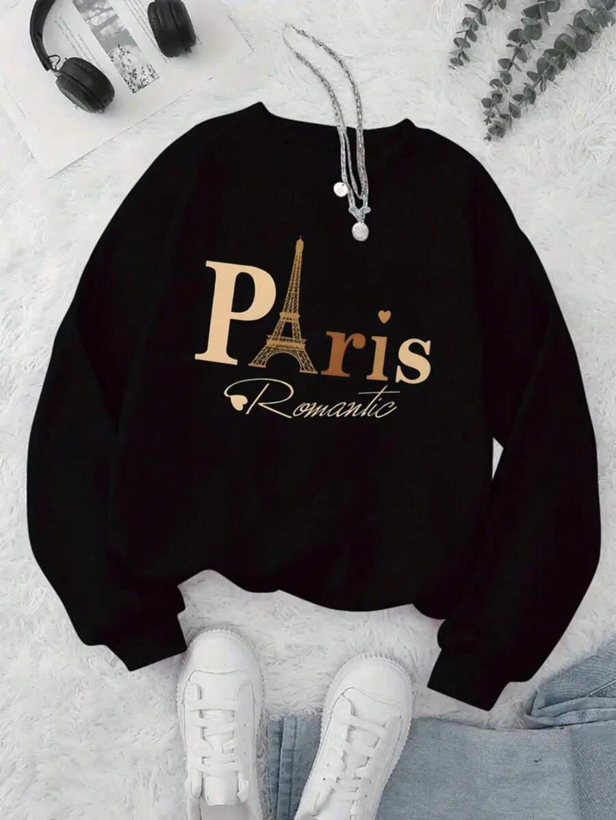 Women's Casual And Fashion Sports Sweatshirt, Suitable For Autumn And Winter, Comfortable And Soft, With Letter Pattern - 黑色 - 查看 1