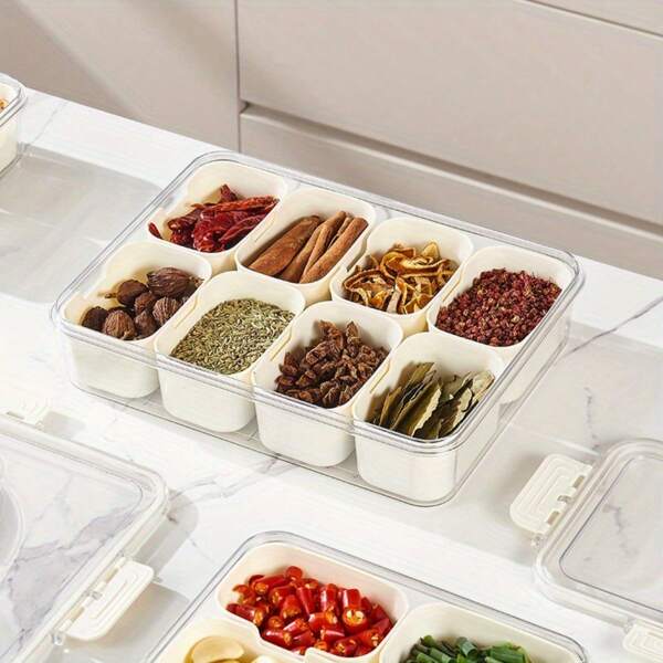 Multi-Compartment Spice Storage Box With Airtight Lid - Plastic Food Storage Container For Refrigerators - Stackable, Portable Seasoning And Condiment Holder For Kitchen Use