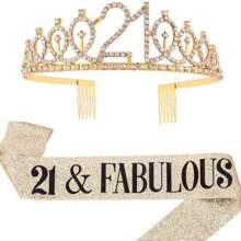 2 件/套黄金岁数 30 岁 40 岁 50 岁 60 岁 70 岁 80 岁 1 件水钻水晶皇冠 +1 件披肩头饰生日周年装饰生日快乐缎带派对用品发带发刷生日女王女士发刷发带，圣诞节