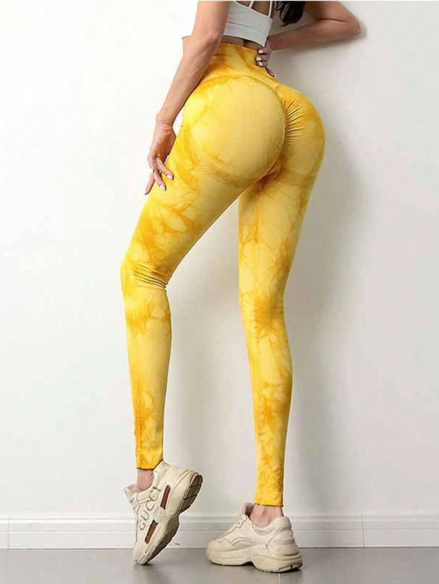 High Waisted Tie Dye Seamless Sports Leggings - High Elasticity And Push Up For Yoga And Gym - 黃色 - 查看 1