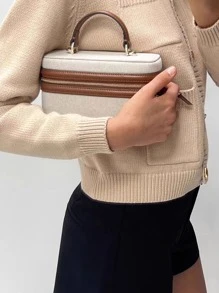 Fashionable Bicolor Beige Canvas Vintage PU Mini Handbag, Business Casual Woman Bag Perfect For Office Business And Work - Beige - View 3