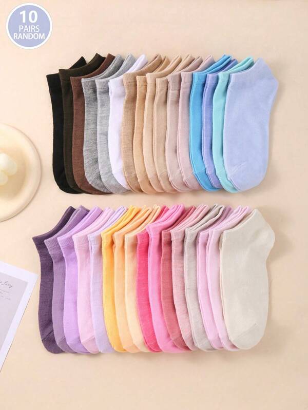 1 paire/10 paires de chaussettes d'été basses unies de couleur aléatoire pour femmes, chaussettes fines à faible col pour la cheville