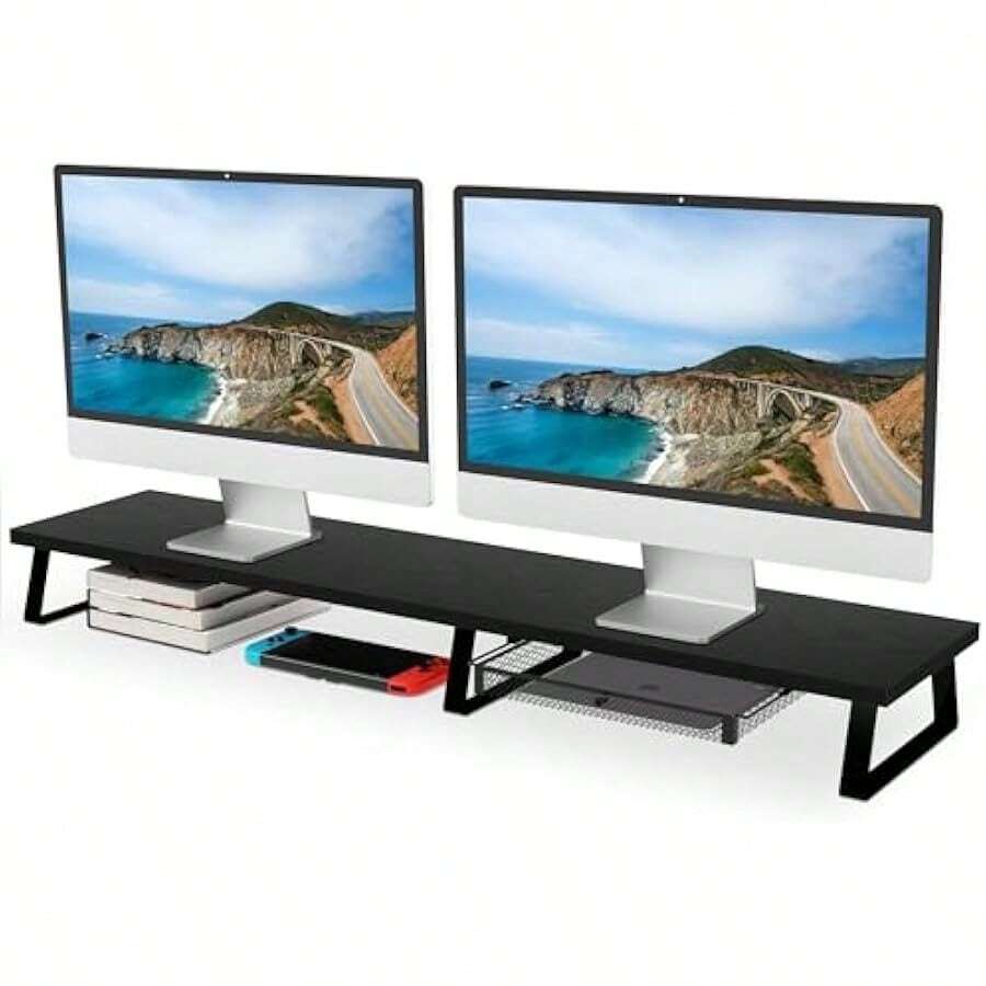 Large Dual Monitor Stand Riser - Monitor Stand For 2 Monitors Desk Shelf With Awer Wood Monitor Riser Stand With Storage Organize For PC TV Laptop Screen Black - ClassicBlack1 - View 1