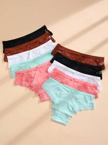 10 条装 女士性感蕾丝镂空比基尼内裤冰丝无缝三角裤舒适透气内衣 - 彩色 - 查看 2