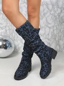 Women's New Suede Leopard Print Round Toe Boots, High Chunky Heel Thick Platform Foldover Knee High Fashion Boots, Slimming