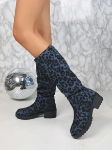 Women's New Suede Leopard Print Round Toe Boots, High Chunky Heel Thick Platform Foldover Knee High Fashion Boots, Slimming
