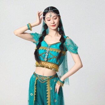 Halloween Performance Costume Jasmine Princess Belly Dance Exotic Style Women's Western Dancer Performance Set, Includes Pants + Top + Headscarf & Accessories + Face Veil + Bracelet