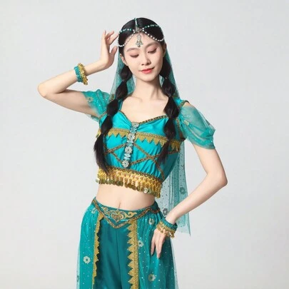 万圣节表演服装，异域风情肚皮舞公主套装，包含裤子、上衣、头巾、面纱、手镯（春季款）